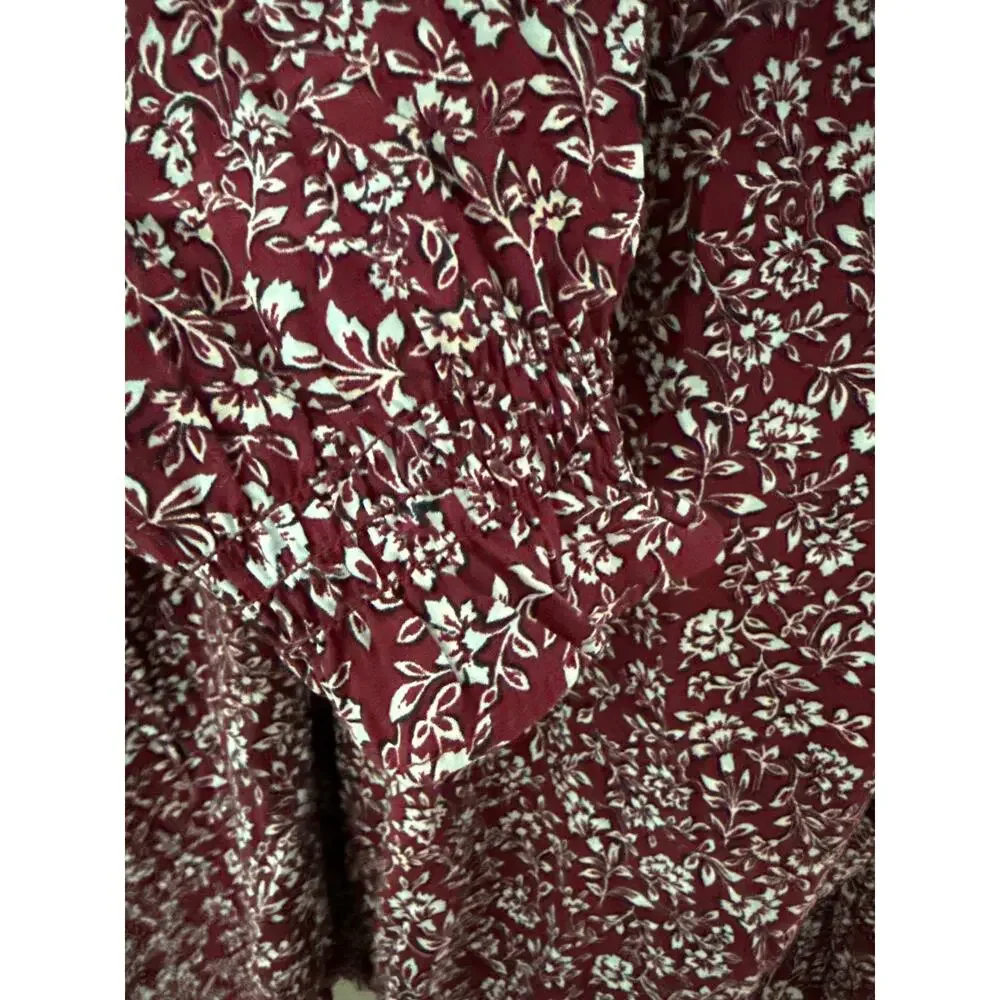 J. Crew Warm Burgundy Blue Bree Smocked Ruffleneck Top‎ Size Large